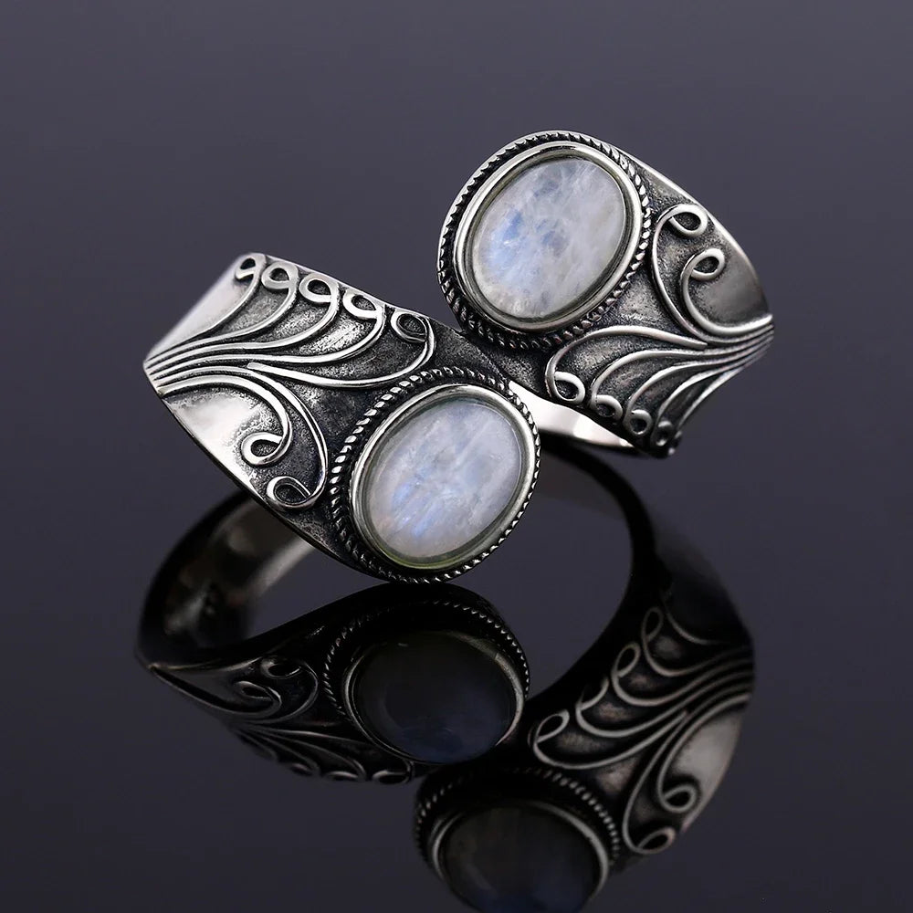 Bague Pierre de Lune Vintage, Grande Pierre Ovale Argentée