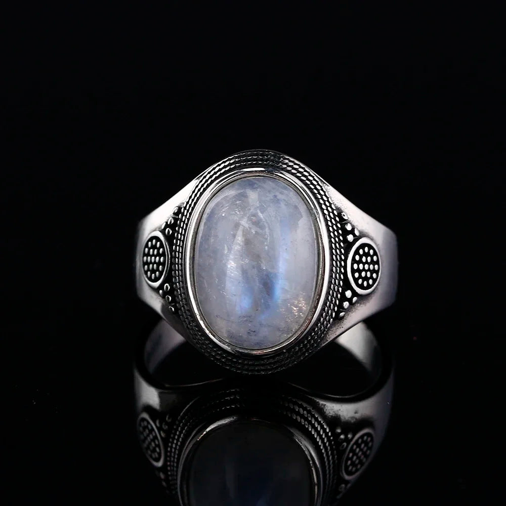 Bague Pierre de Lune Vintage, Grande Pierre Ovale Argentée