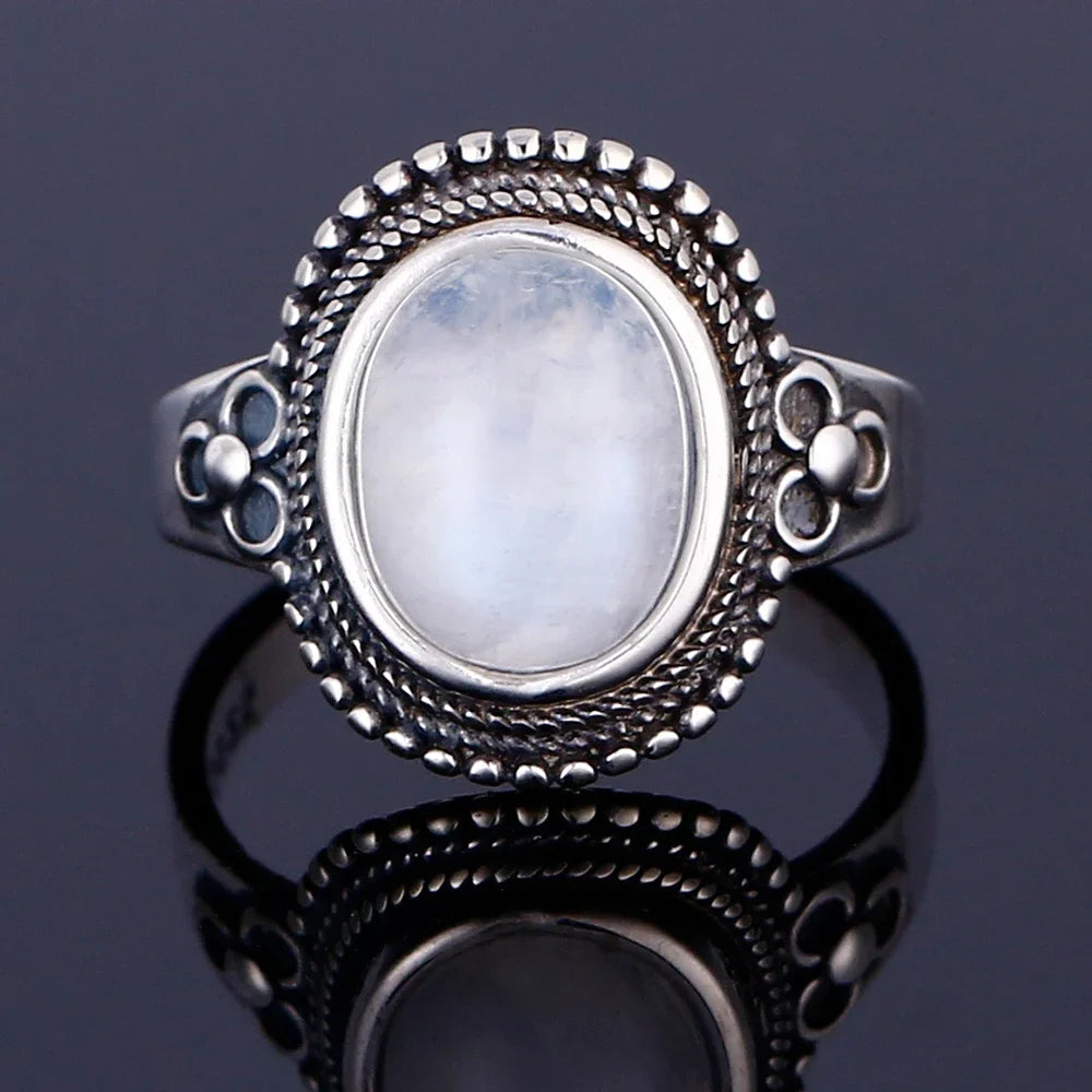 Bague Pierre de Lune Vintage, Grande Pierre Ovale Argentée