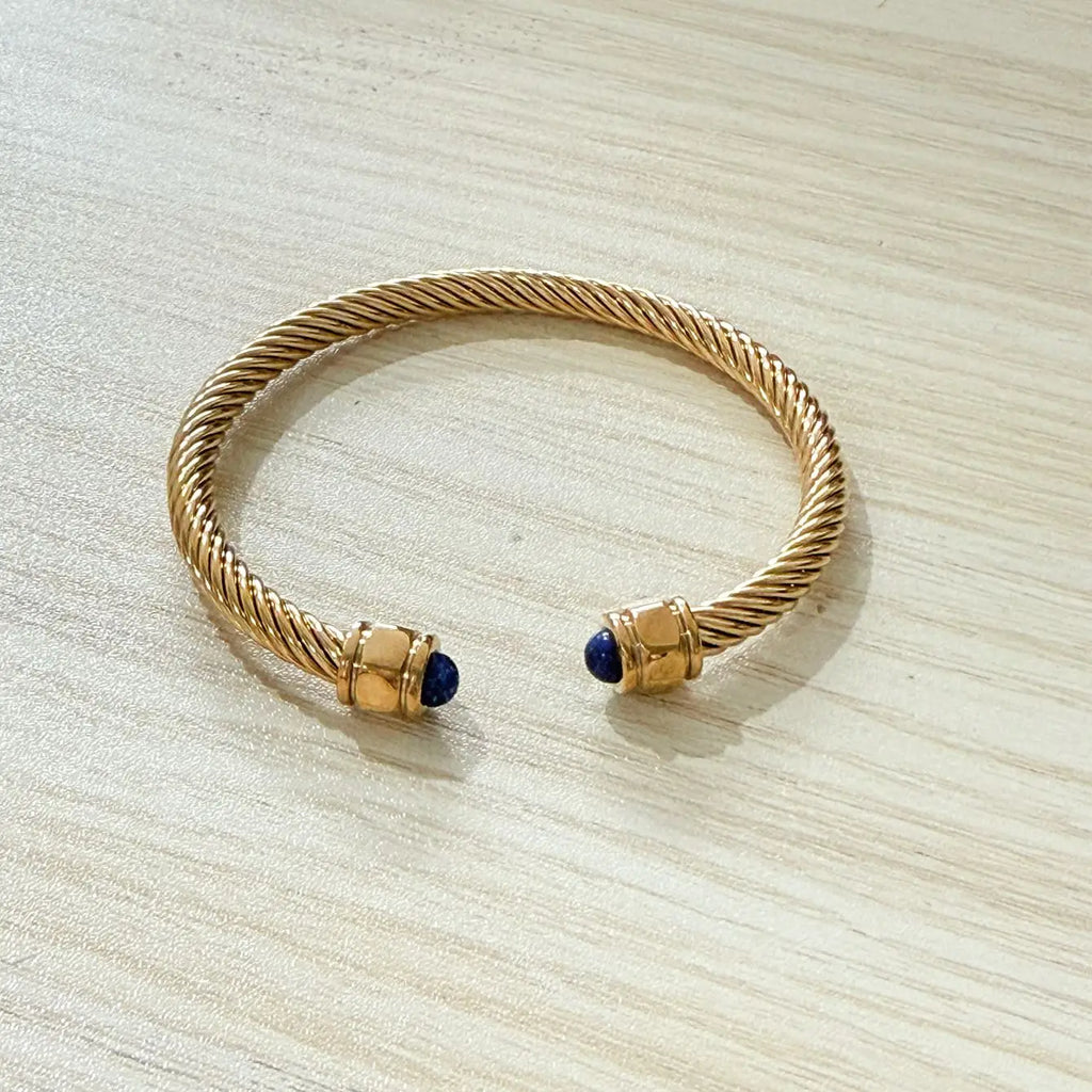 Bracelet jonc doré en pierre naturelle avec cabochon lapis-lazuli