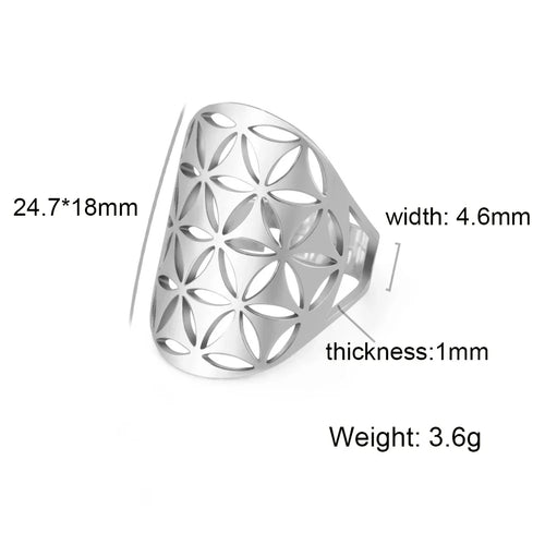 Bague fleur de vie dorée, motif rosace ajouré vu de dessus