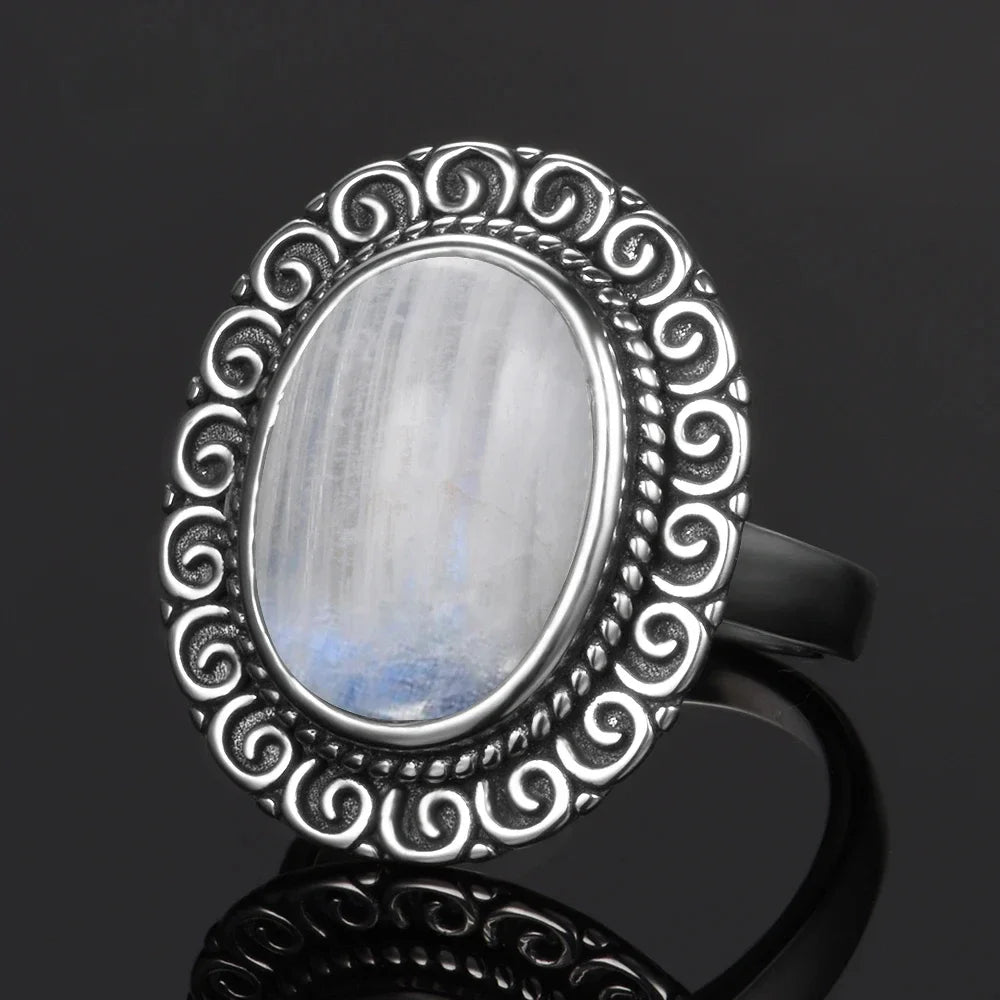 Bague Pierre de Lune Vintage, Grande Pierre Ovale Argentée