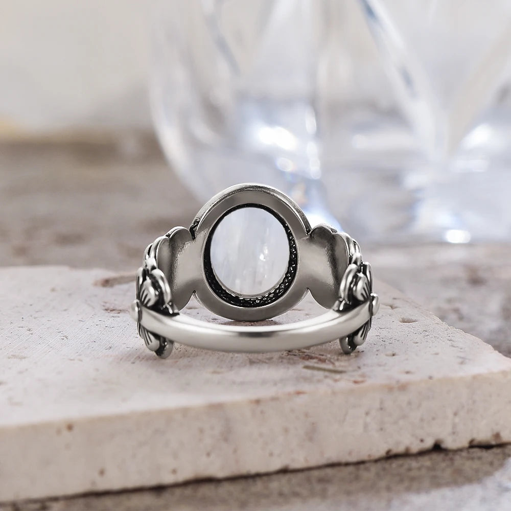 Bague Fiançailles Pierre de Lune, Petite Fleur Argentée