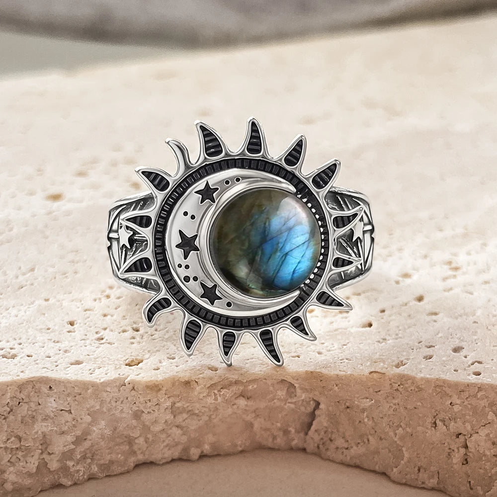 Bague Cabochon Pierre de Lune 8 mm, Lune et Étoile