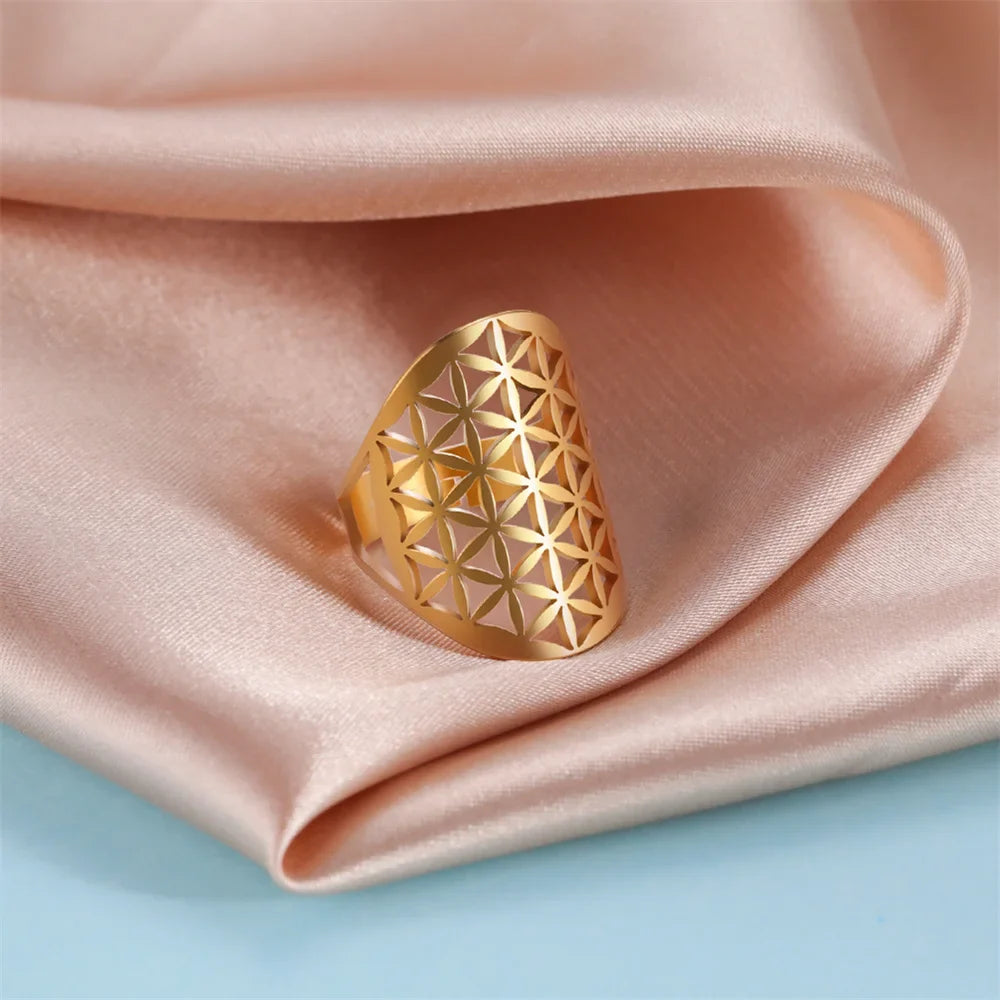 Bague fleur de vie argentée en acier inoxydable réglable