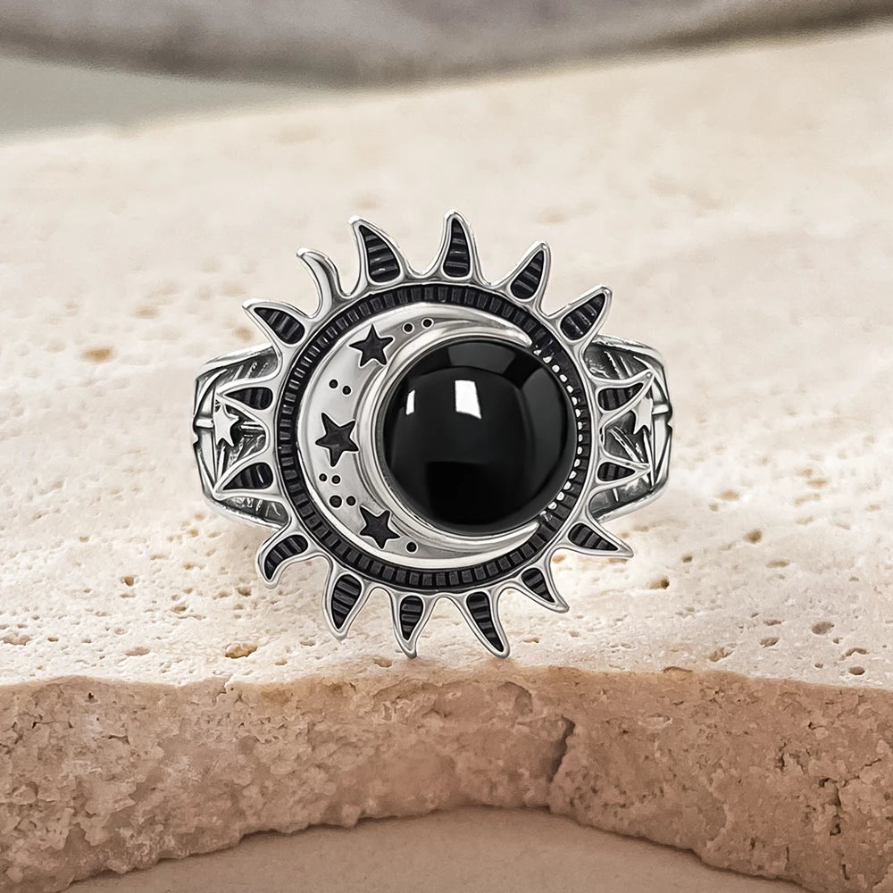 Bague Cabochon Pierre de Lune 8 mm, Lune et Étoile