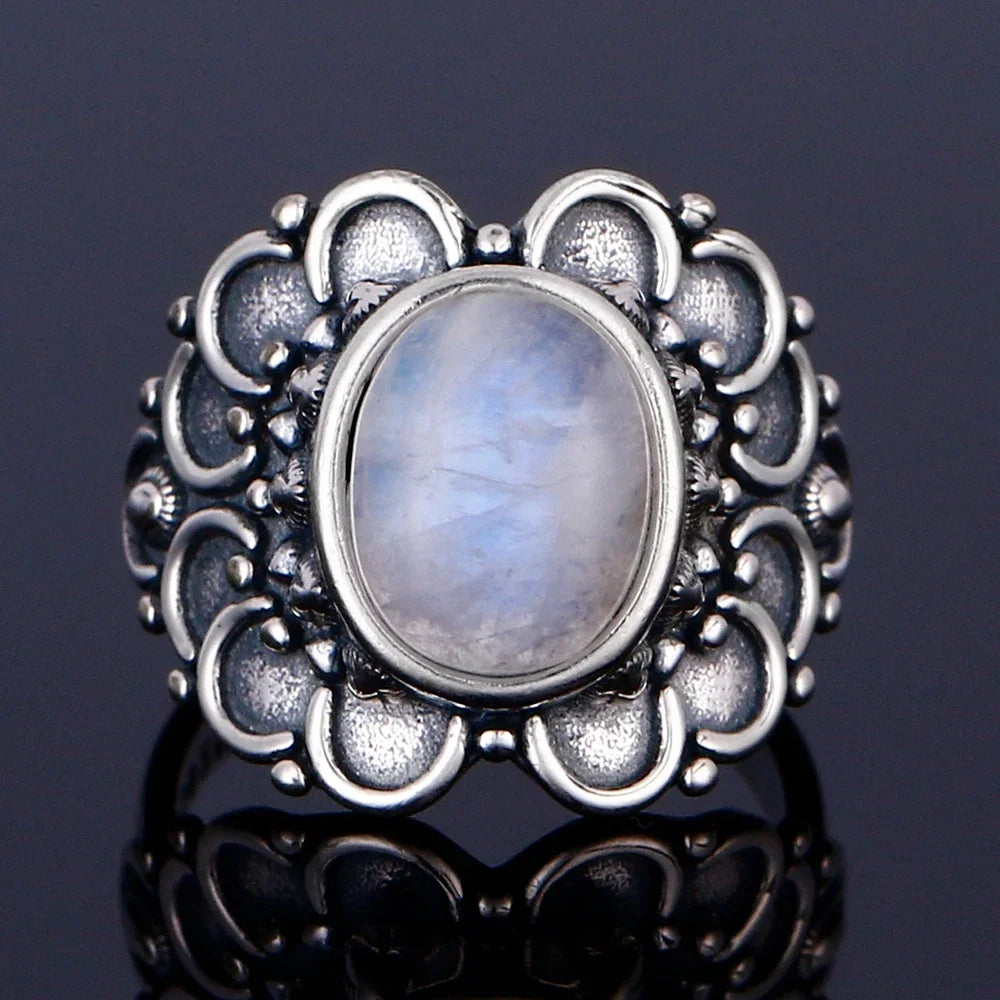 Bague Pierre de Lune Vintage, Grande Pierre Ovale Argentée