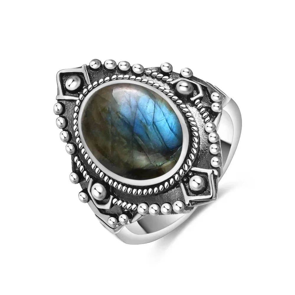 Grosse Bague Pierre de Lune Ovale 10x14 mm, Rétro Argentée