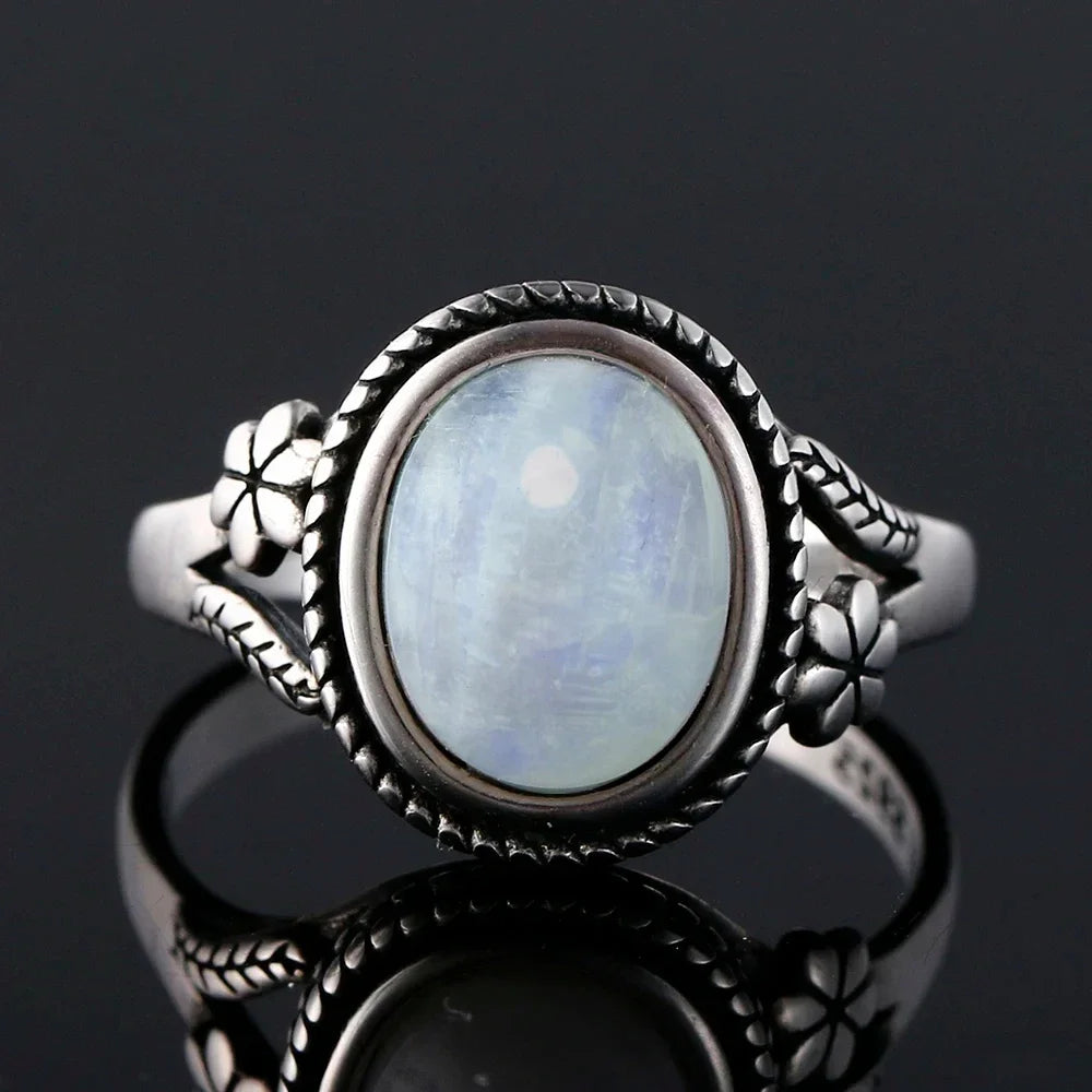 Bague Pierre de Lune Vintage, Grande Pierre Ovale Argentée