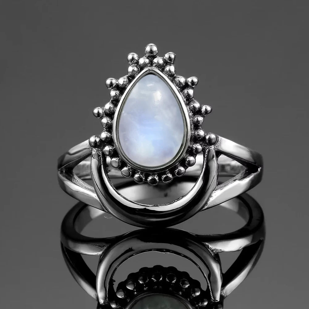 Bague Fiançailles Pierre de Lune, Petite Fleur Argentée