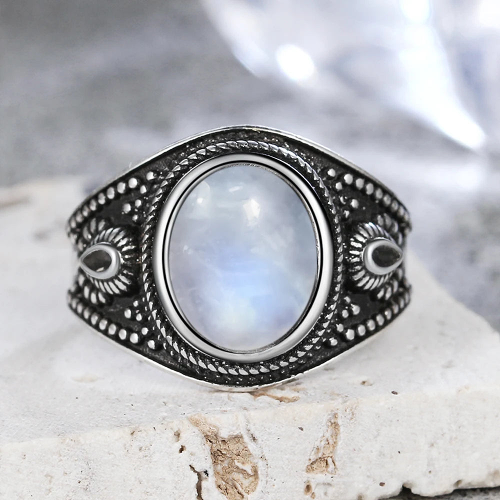 Bague Fiançailles Pierre de Lune, Petite Fleur Argentée