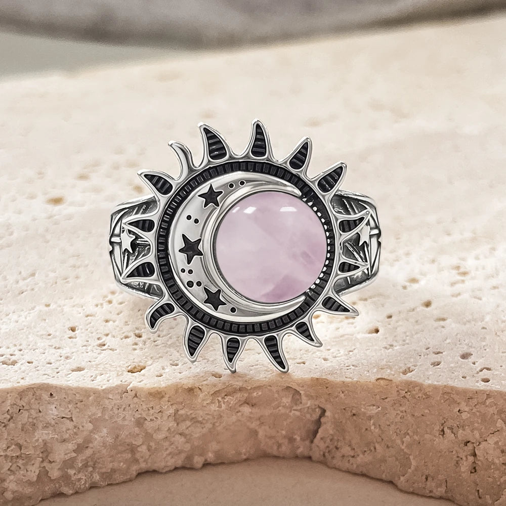 Bague Cabochon Pierre de Lune 8 mm, Lune et Étoile