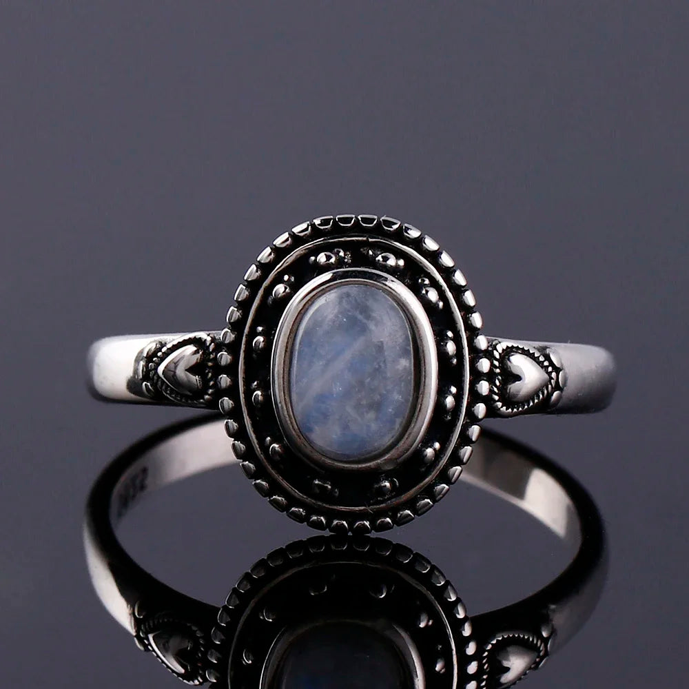 Bague Pierre de Lune Vintage, Grande Pierre Ovale Argentée