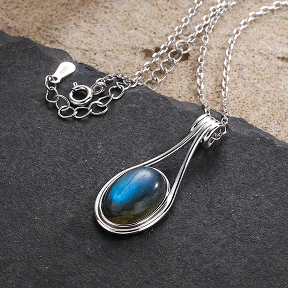 Pendentif Labradorite Bleue Ovale 10x14 mm, Argenté