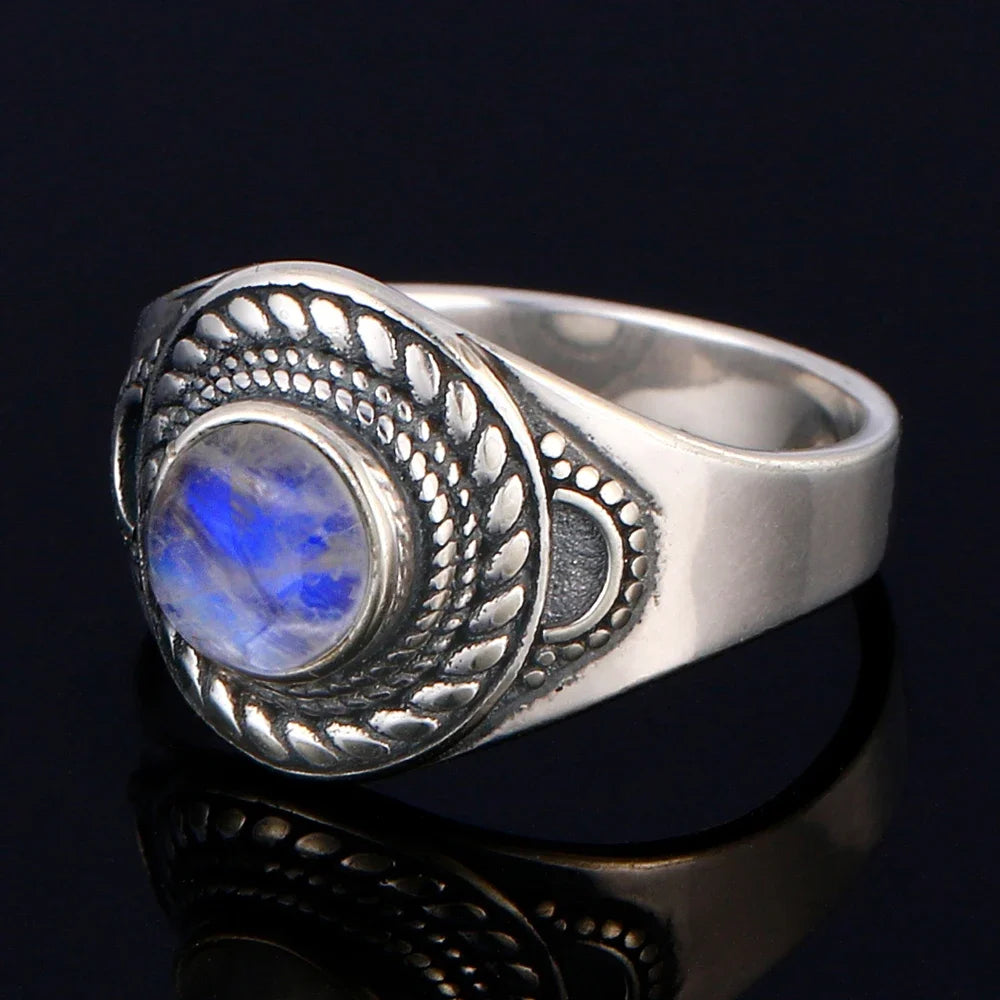 Bague Pierre de Lune Vintage, Grande Pierre Ovale Argentée