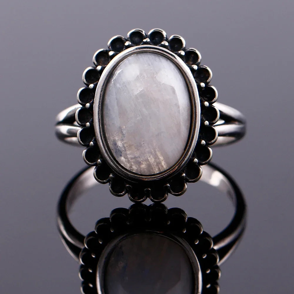 Bague Pierre de Lune Vintage, Grande Pierre Ovale Argentée
