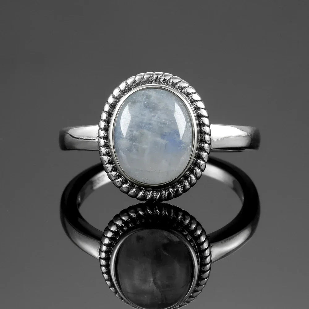 Bague Pierre de Lune Vintage, Grande Pierre Ovale Argentée