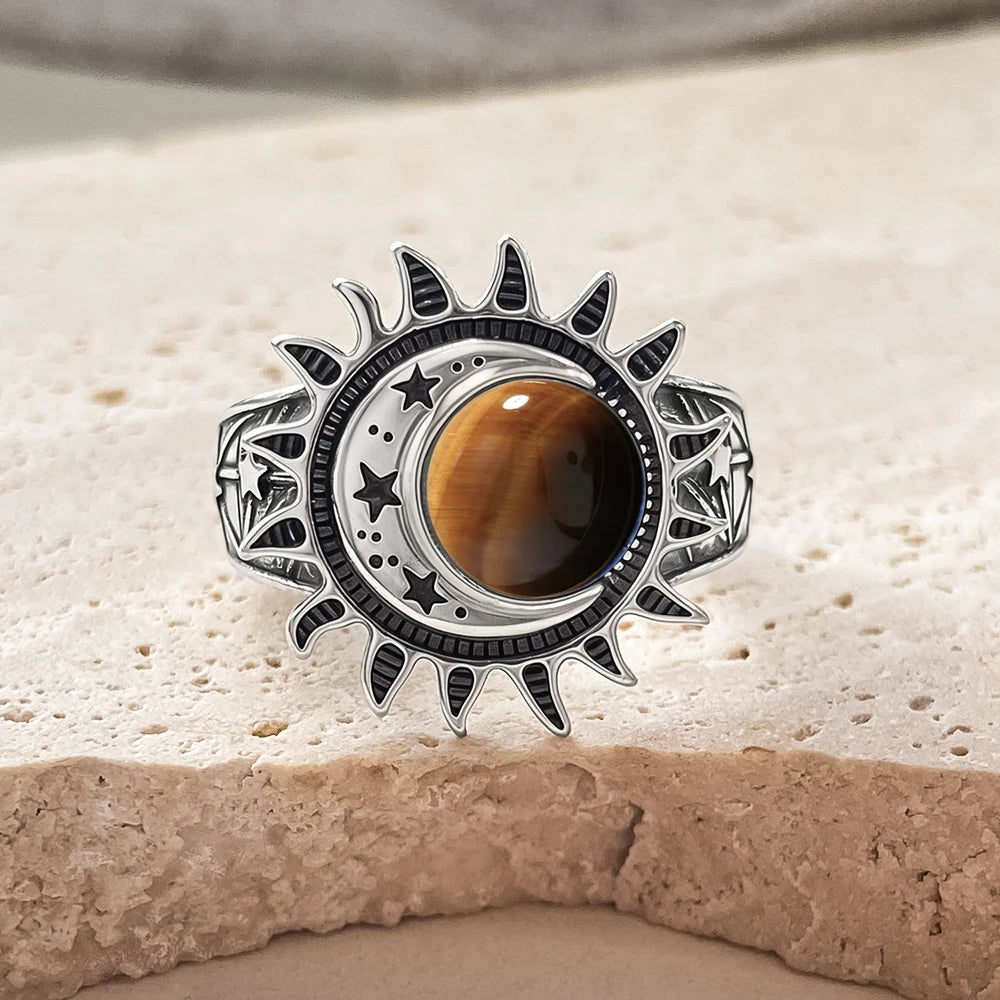 Bague Cabochon Pierre de Lune 8 mm, Lune et Étoile