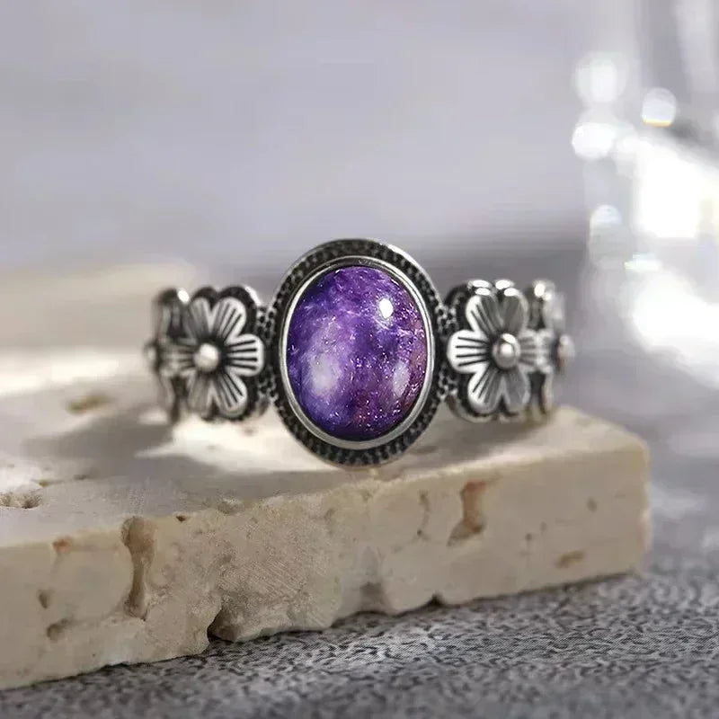 Bague Fiançailles Pierre de Lune, Petite Fleur Argentée