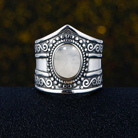 Bague Pierre de Lune Vintage, Grande Pierre Ovale Argentée