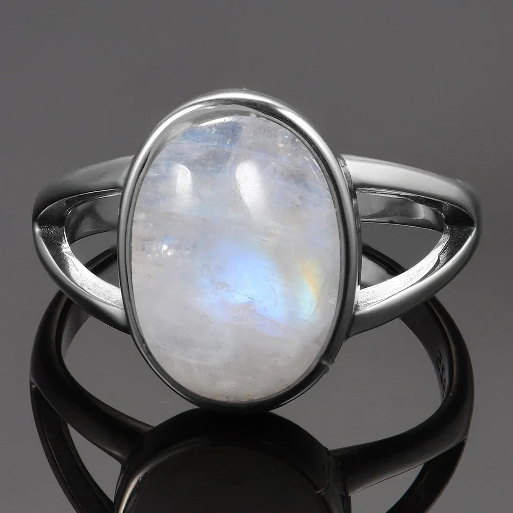 Bague Pierre de Lune Vintage, Grande Pierre Ovale Argentée