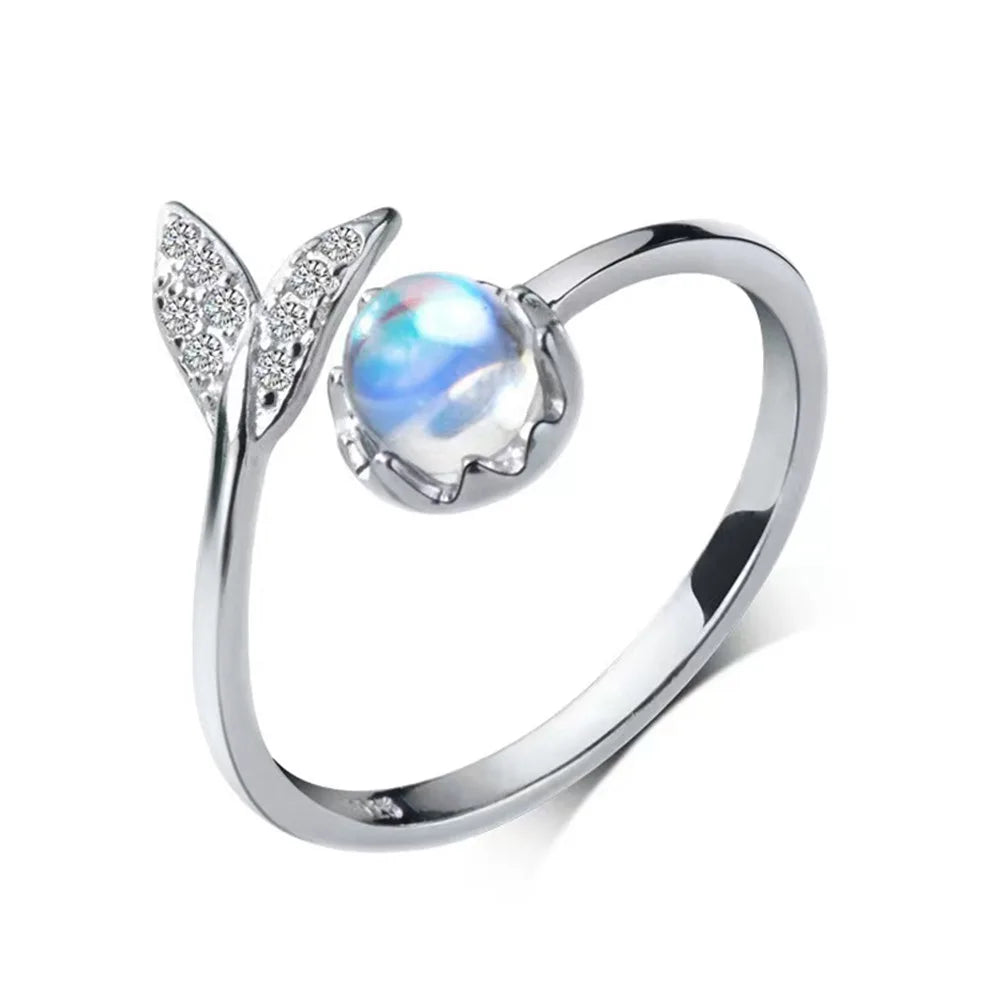 Bague Ajustable Pierre de Lune, Anneau Ouvert Argenté