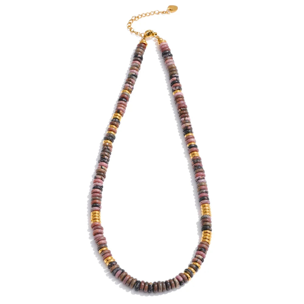 Collier ras de cou pierre naturelle en rondelles de rhodonite rose veinée