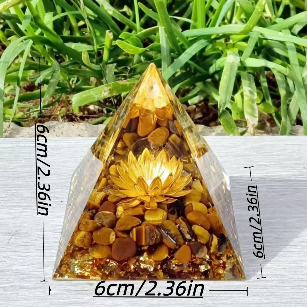 Pyramide orgonite fleur de lotus oeil de tigre 6 cm - lithotherapie protection