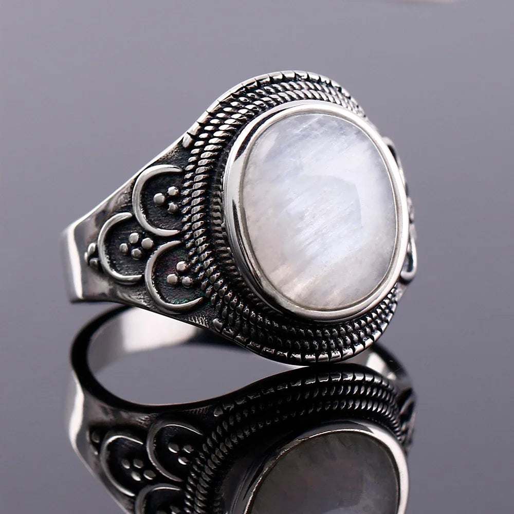 Bague Pierre de Lune Vintage, Grande Pierre Ovale Argentée
