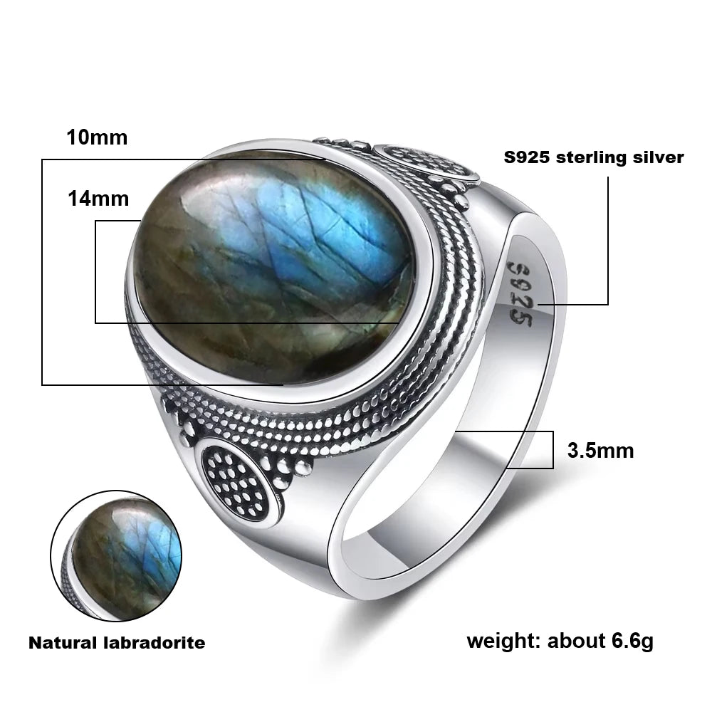 Grosse Bague Pierre de Lune Ovale 10x14 mm, Rétro Argentée