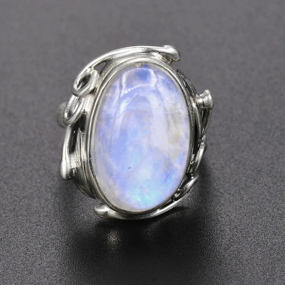 Bague Pierre de Lune Vintage, Grande Pierre Ovale Argentée