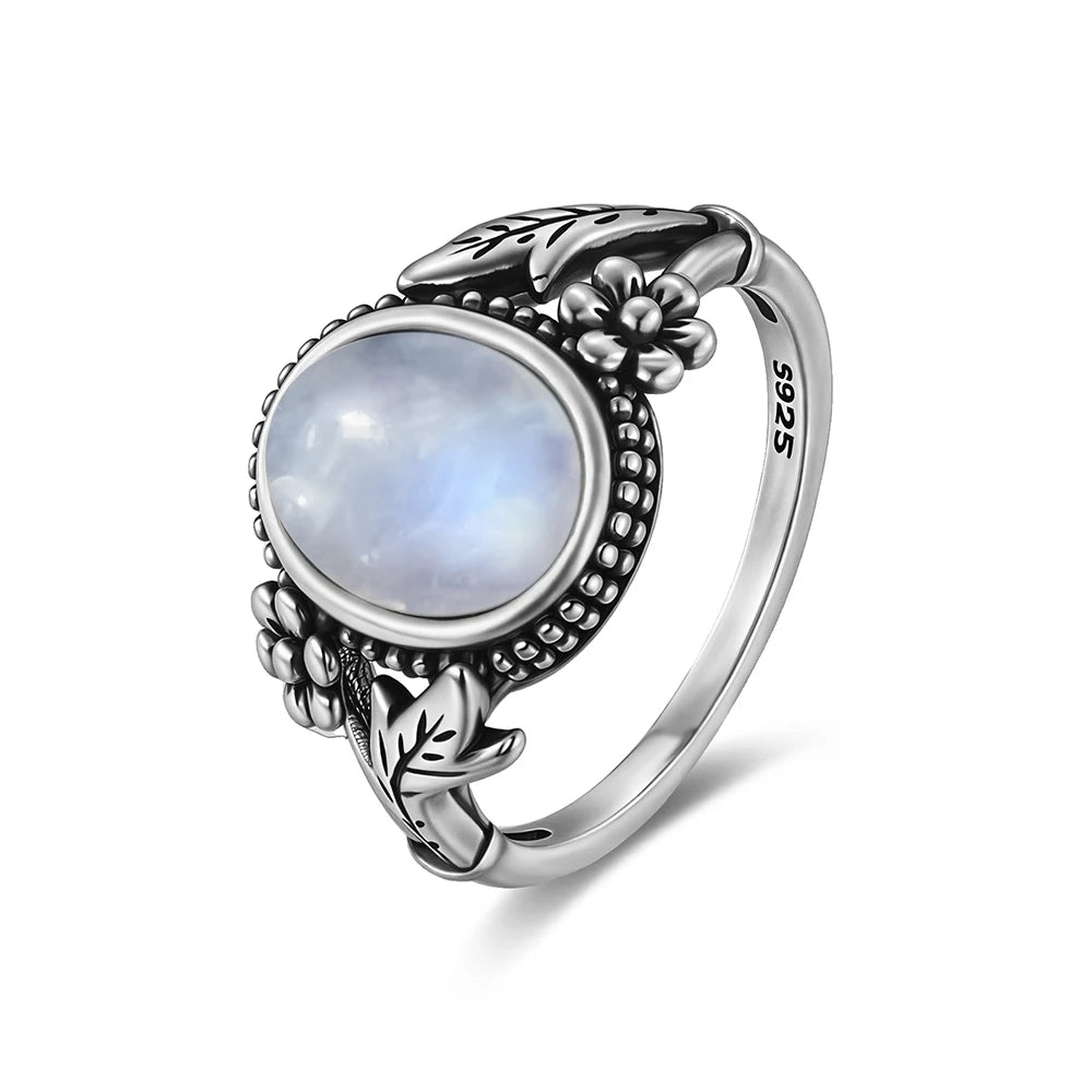 Bague Fiançailles Pierre de Lune, Petite Fleur Argentée