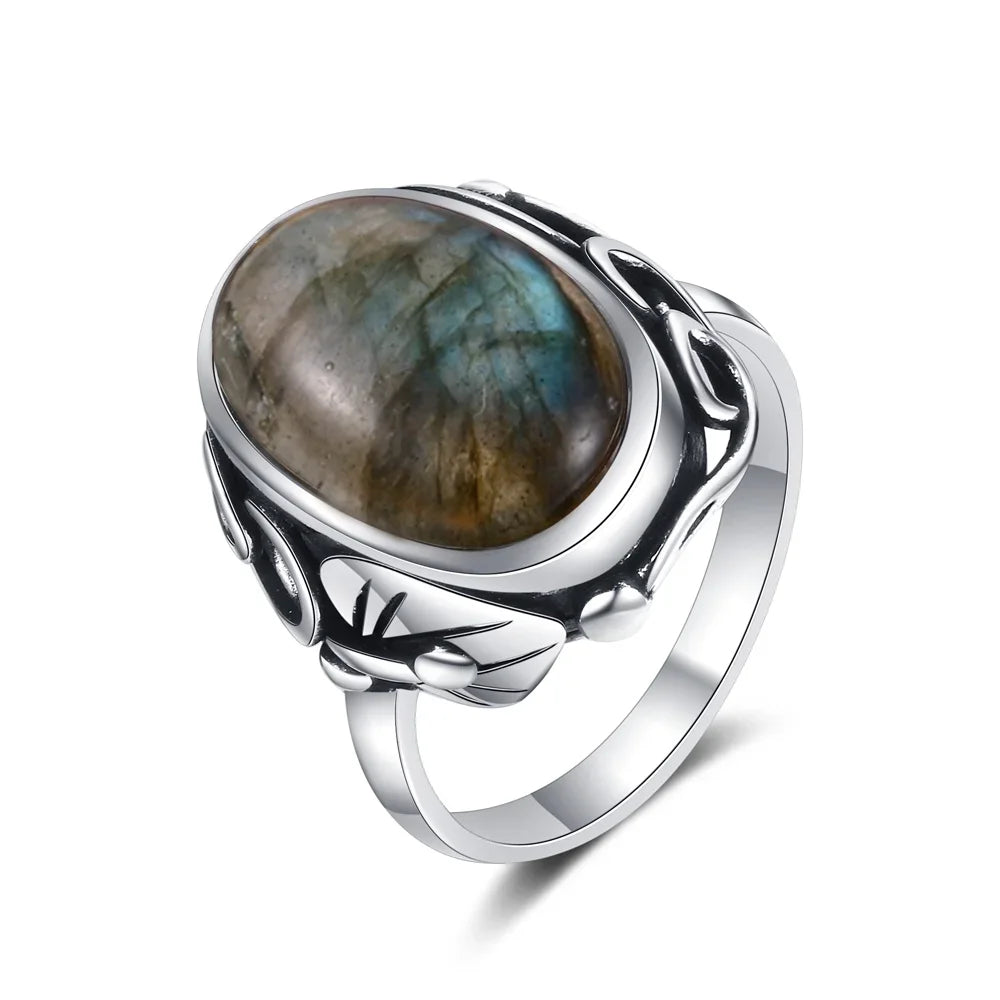 Bague Homme Pierre de Lune, Ovale Rétro Unisexe Argentée
