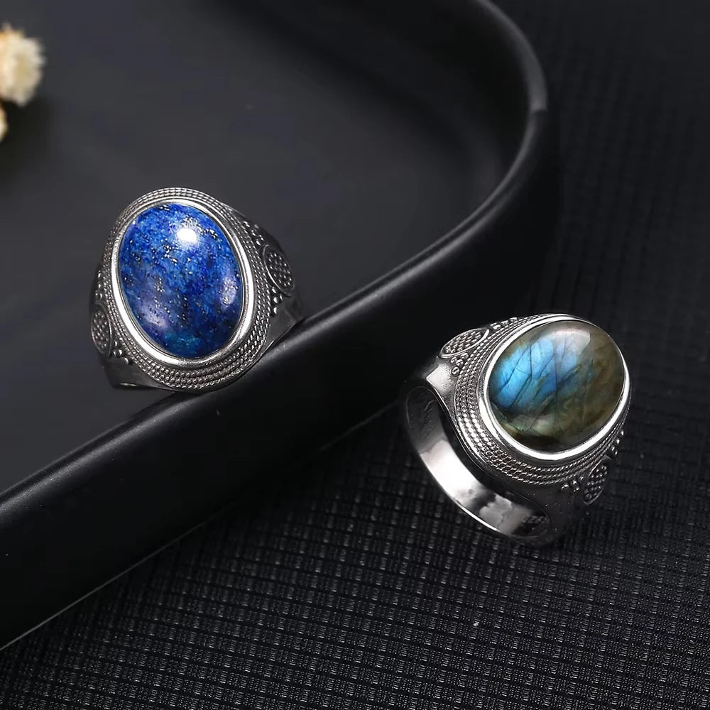 Grosse Bague Pierre de Lune Ovale 10x14 mm, Rétro Argentée