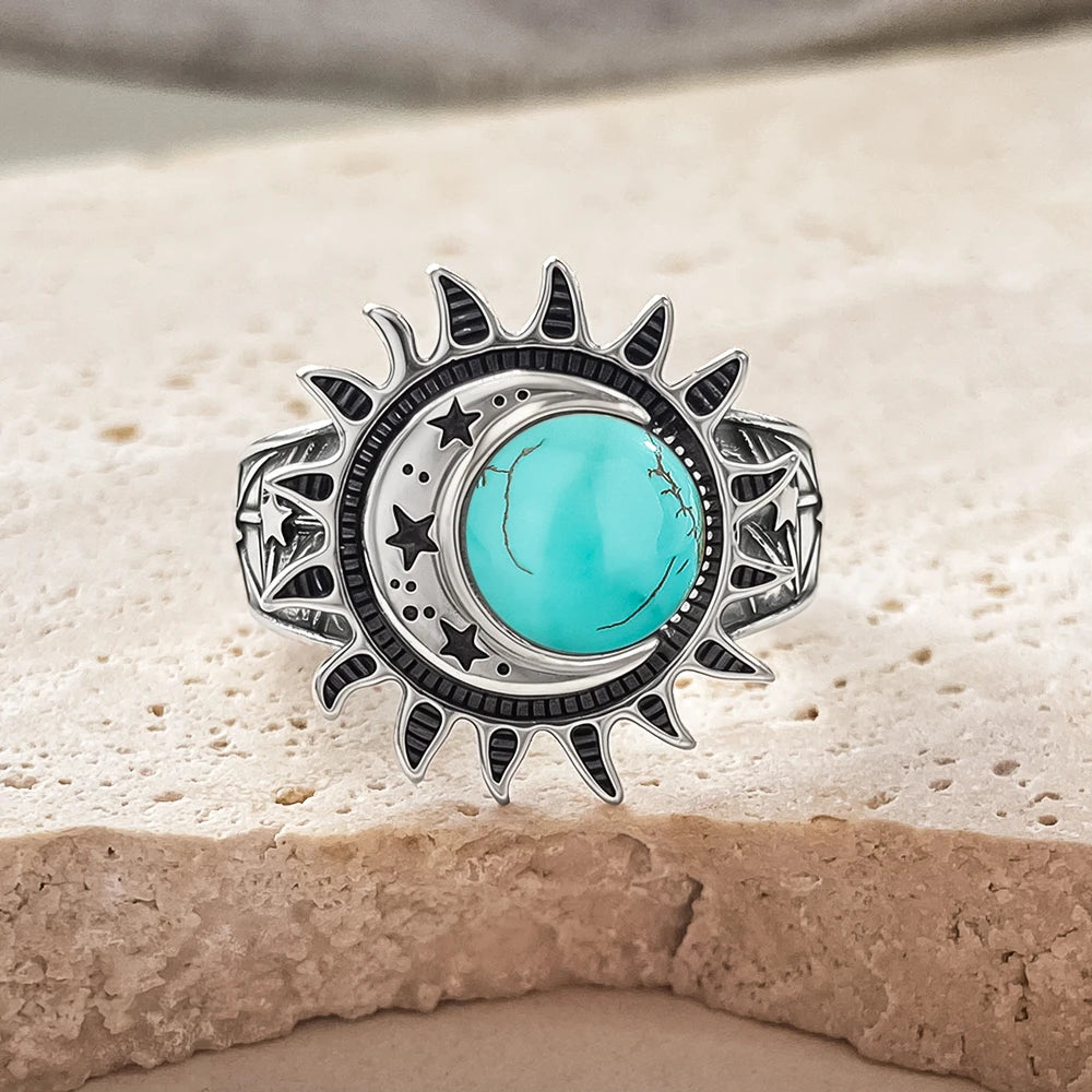 Bague Cabochon Pierre de Lune 8 mm, Lune et Étoile