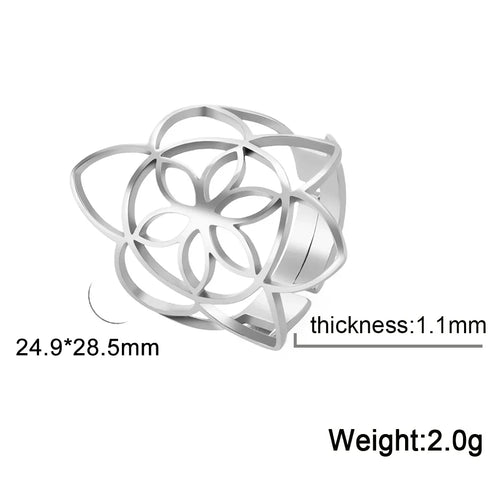 Bague graine de vie argentée, motif à six pétales vu de dessus