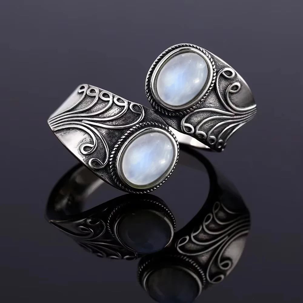 Bague Fiançailles Pierre de Lune, Petite Fleur Argentée
