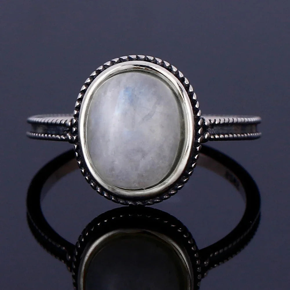 Bague Pierre de Lune Vintage, Grande Pierre Ovale Argentée