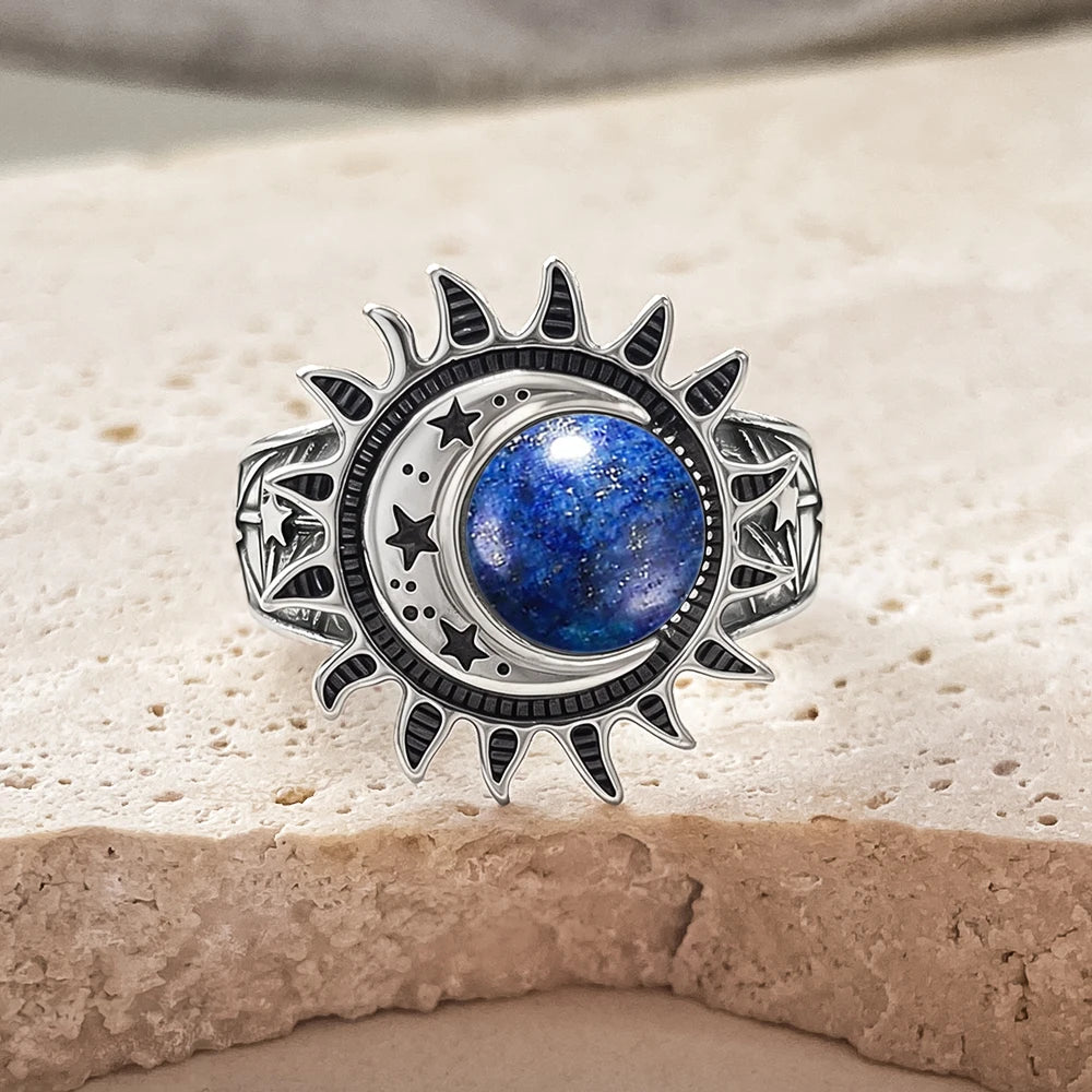 Bague Cabochon Pierre de Lune 8 mm, Lune et Étoile