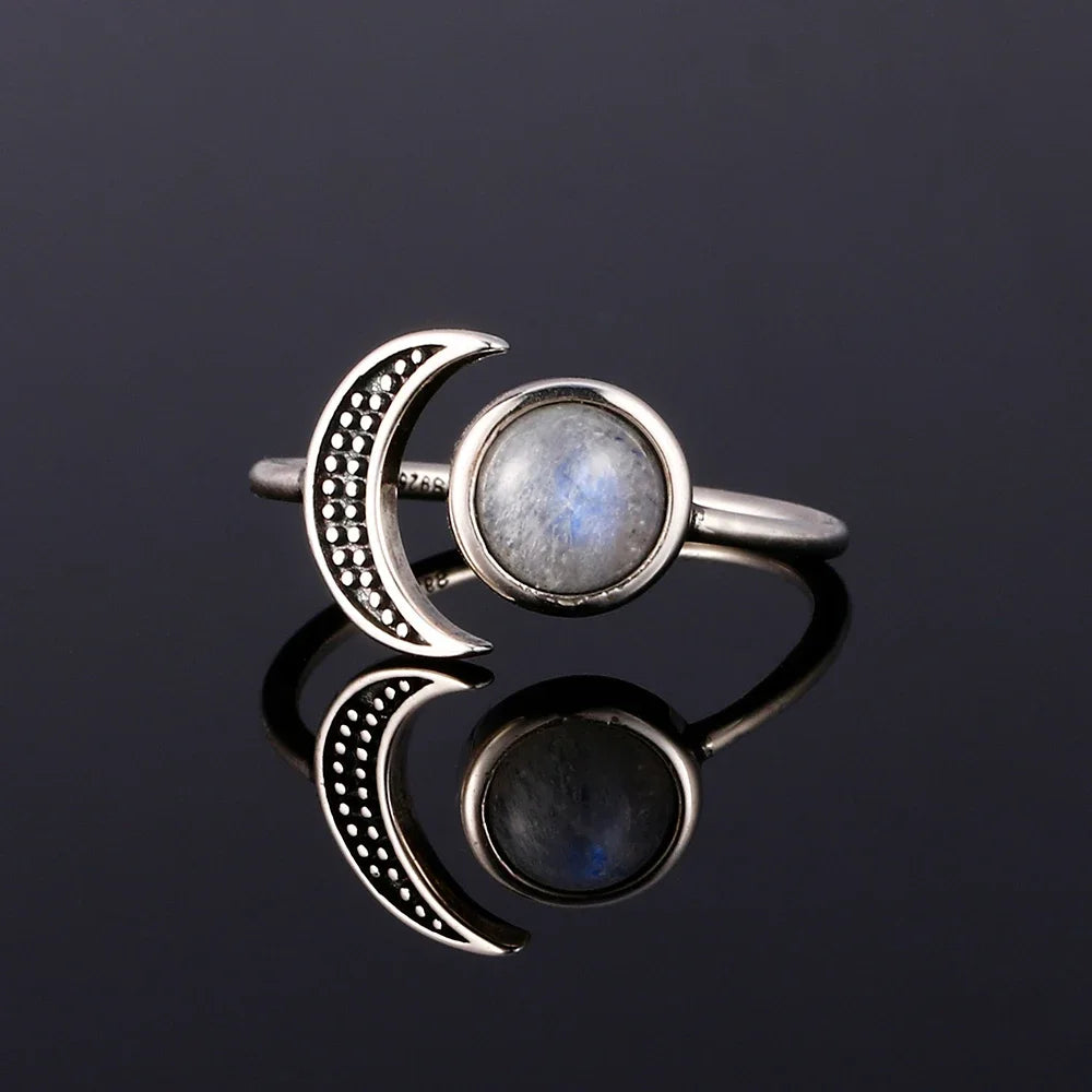 Bague Pierre de Lune Vintage, Grande Pierre Ovale Argentée