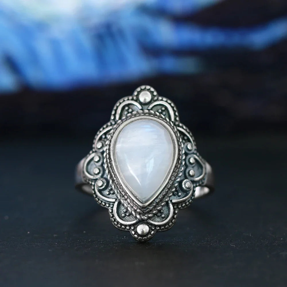 Bague Pierre de Lune Vintage, Grande Pierre Ovale Argentée