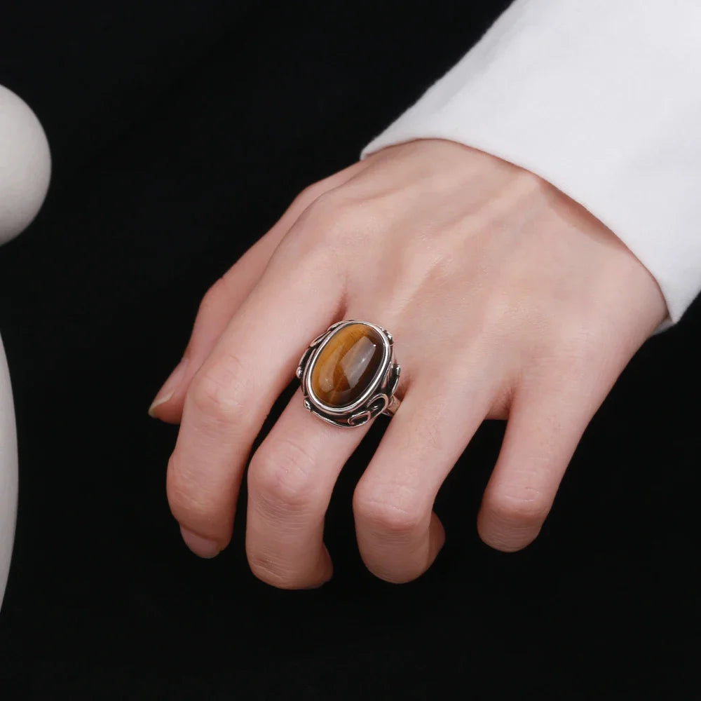 Bague Homme Pierre de Lune, Ovale Rétro Unisexe Argentée