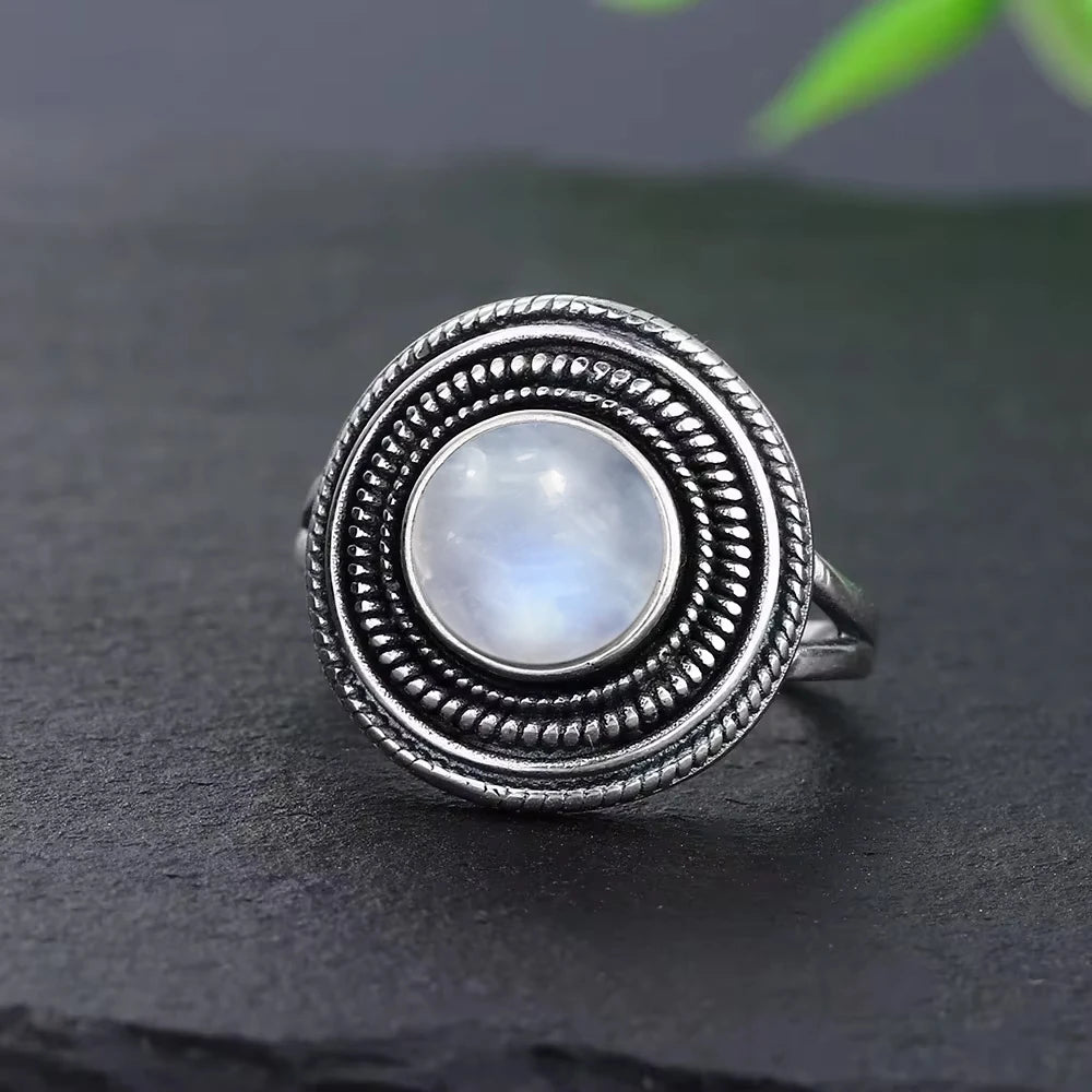 Bague Fiançailles Pierre de Lune, Petite Fleur Argentée