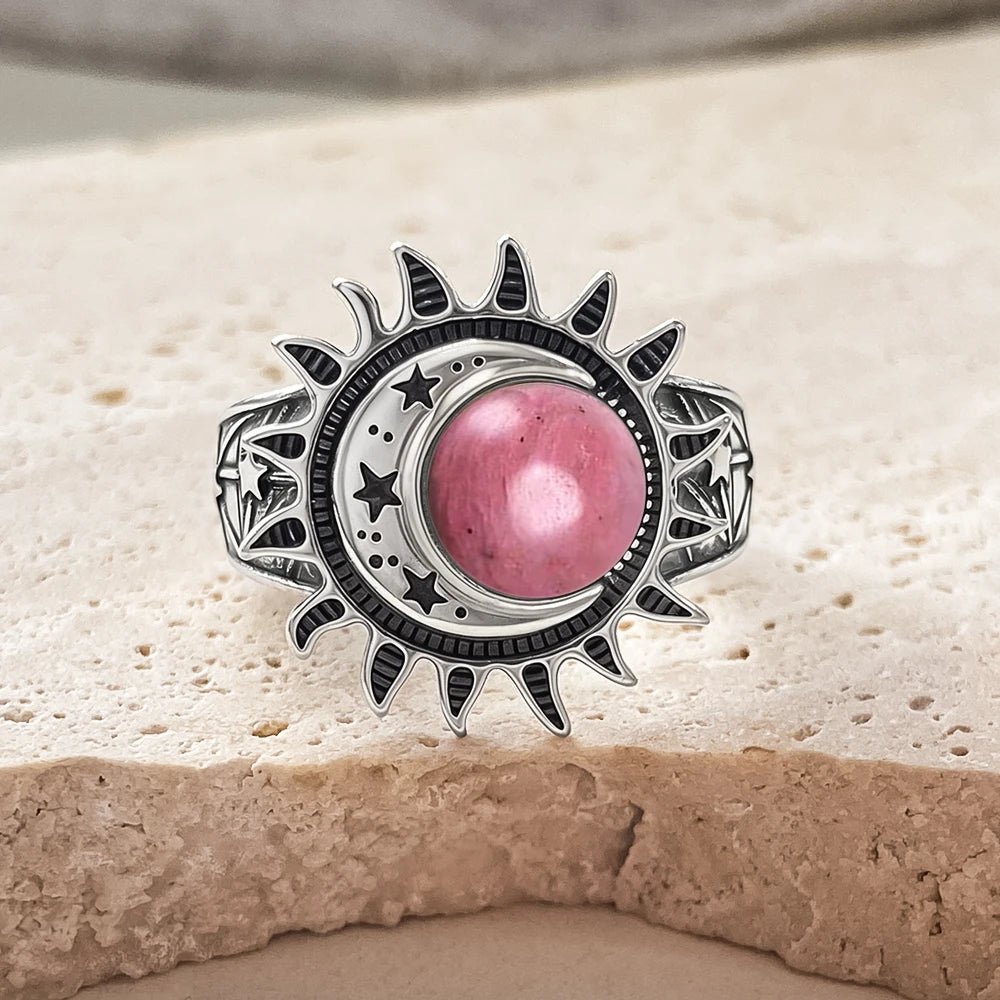 Bague Cabochon Pierre de Lune 8 mm, Lune et Étoile