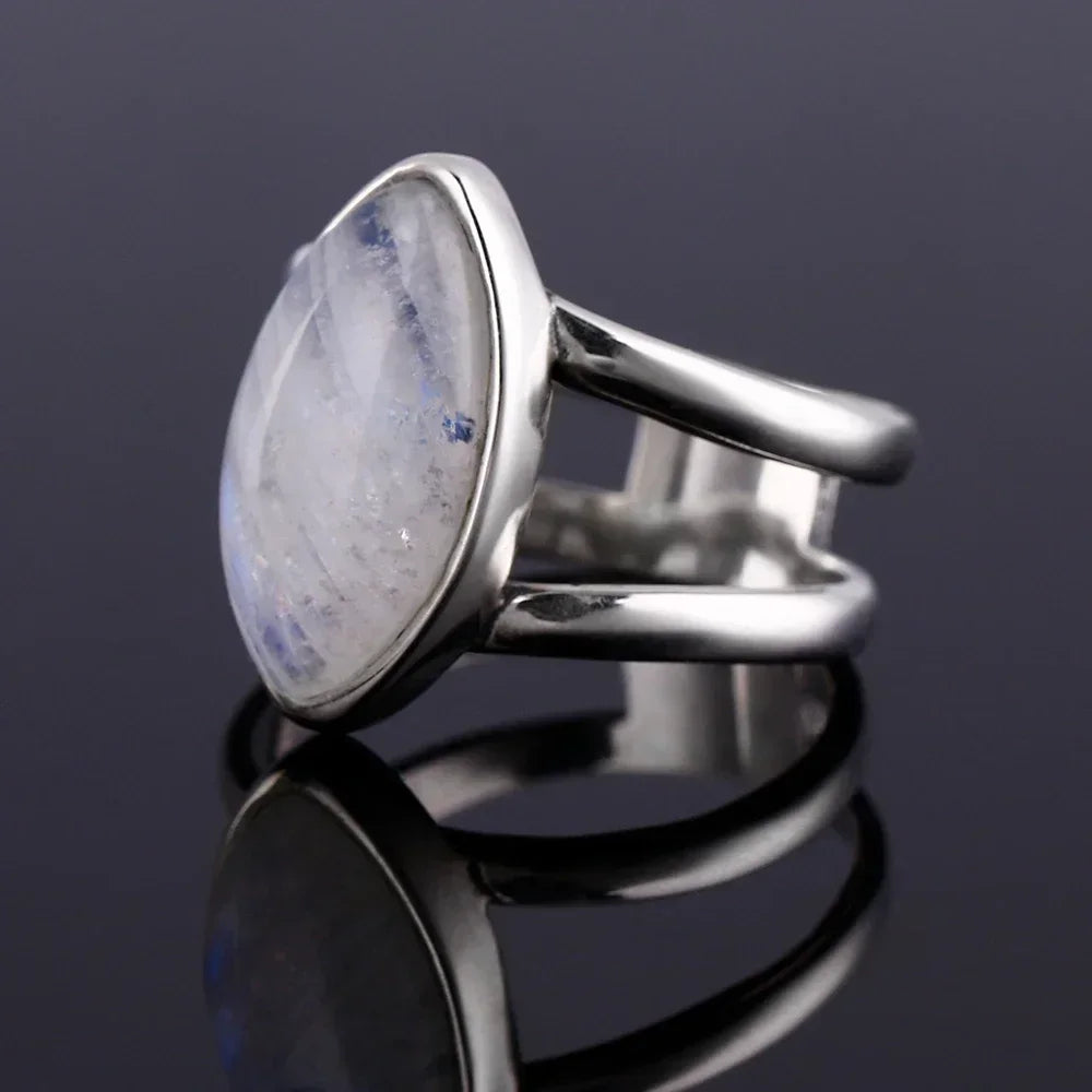 Bague Pierre de Lune Vintage, Grande Pierre Ovale Argentée