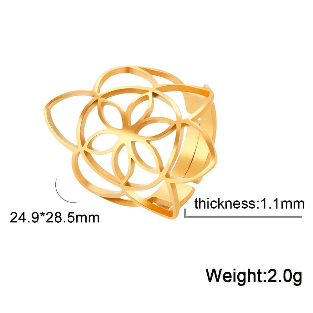 Bague graine de vie dorée en acier inoxydable portée au doigt