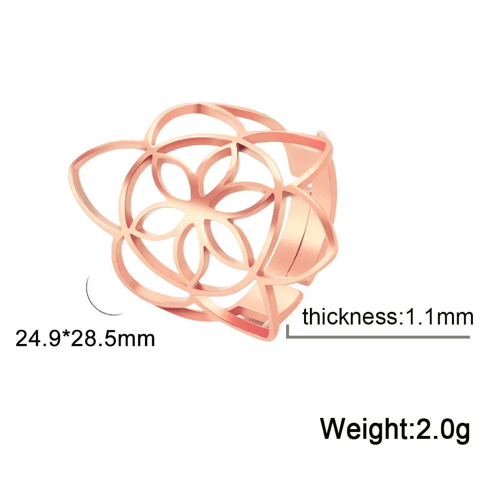 Bague graine de vie or rose en acier ajouré réglable
