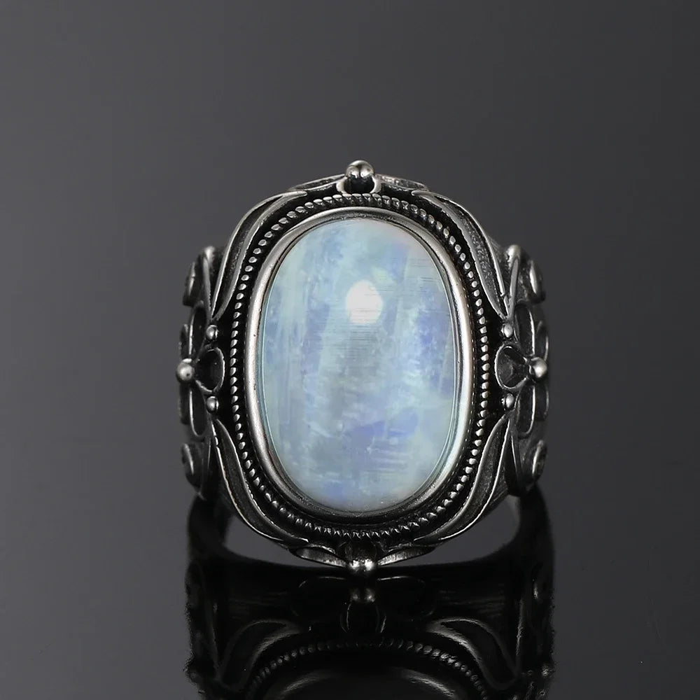 Bague Pierre de Lune Vintage, Grande Pierre Ovale Argentée