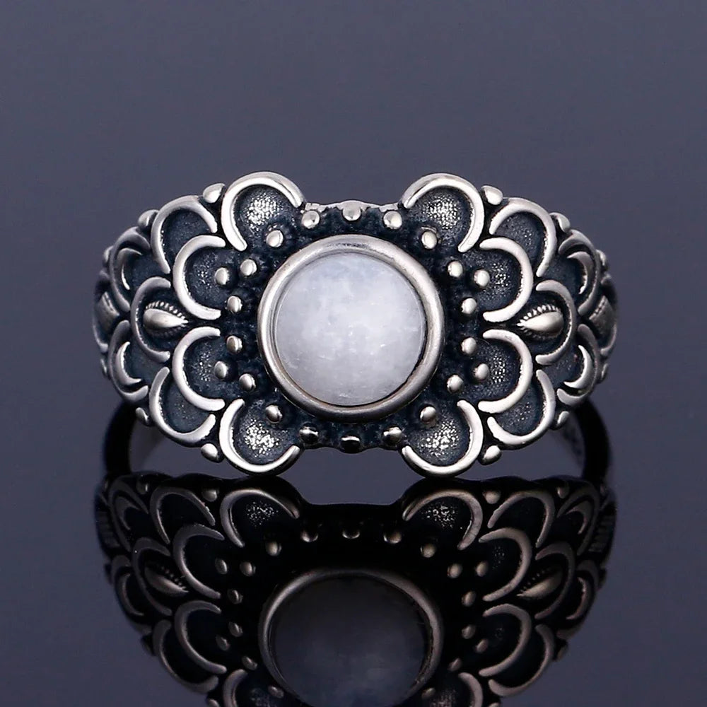 Bague Pierre de Lune Vintage, Grande Pierre Ovale Argentée