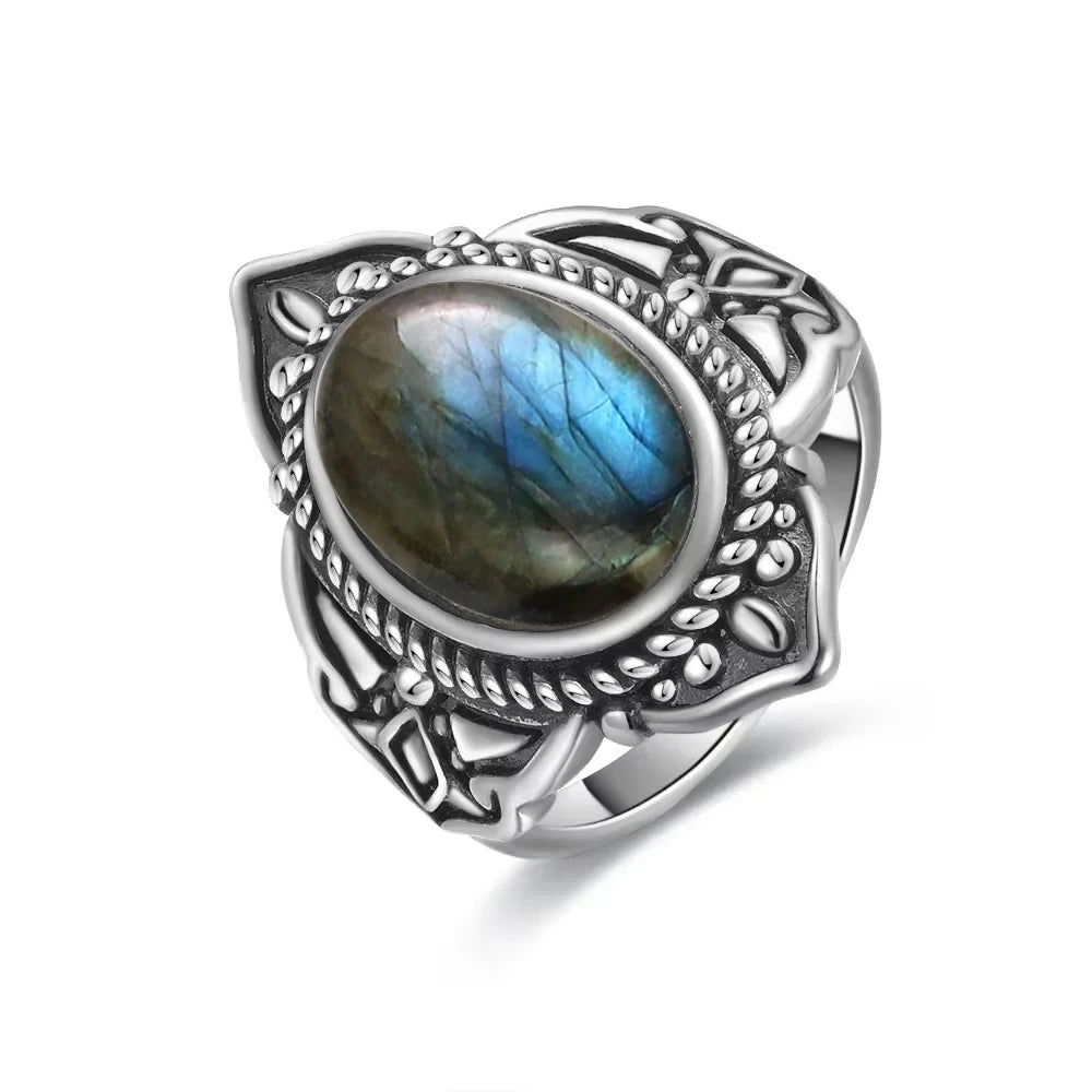 Grosse Bague Pierre de Lune Ovale 10x14 mm, Rétro Argentée
